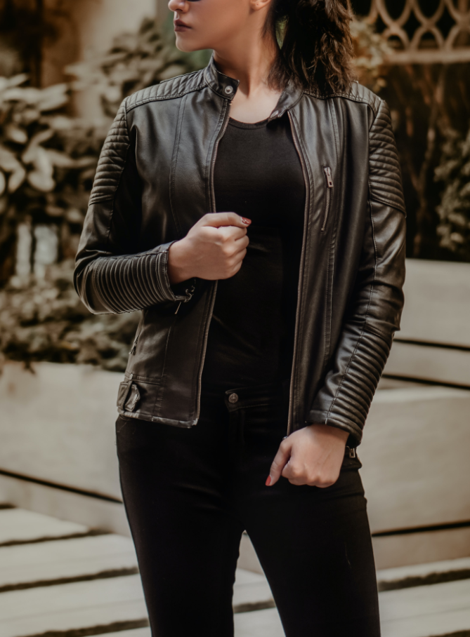 Women wearing a leather jacket